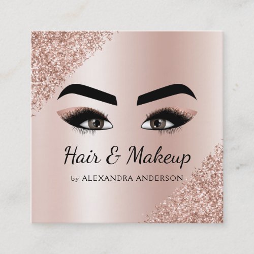 Makeup Artist Eyelash Lashes Glitter Rose Gold Square Business Card