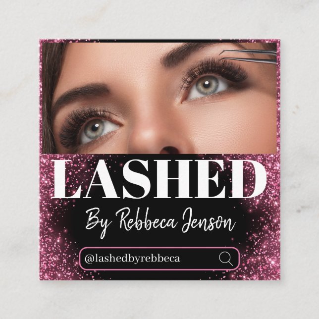 Makeup Artist Eyelash Lashes Pink Glitter script  Square Business Card (Front)