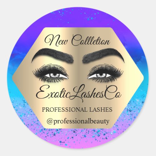 Makeup Artist Eyelash Logo Glitter Blue Aqua Classic Round Sticker