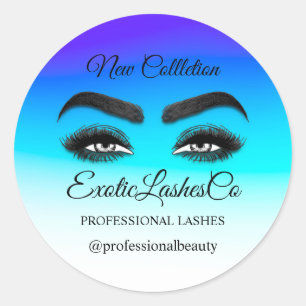 Makeup Artist Eyelash Logo Ombre Blue White Classic Round Sticker