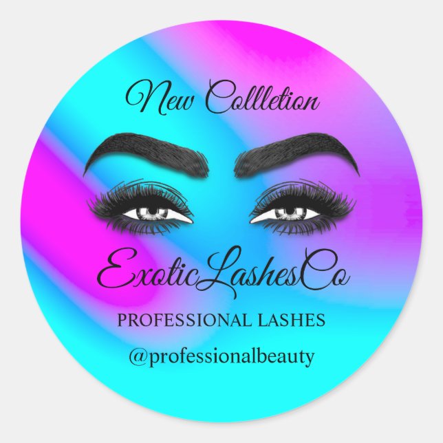 Makeup Artist Eyelash Logo Pink Blue Custom Classic Round Sticker (Front)