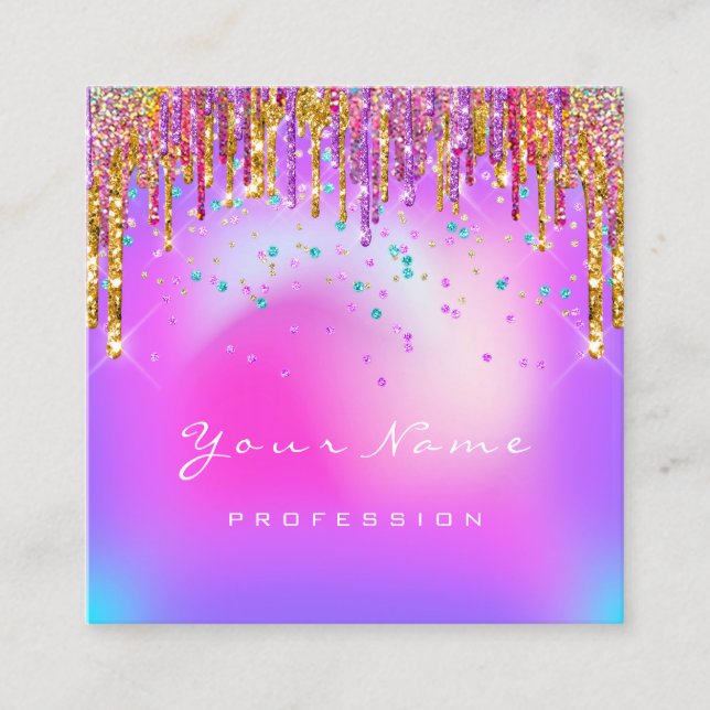 Makeup Artist Eyelash Logo Purple Gold Drips Glam Square Business Card (Front)