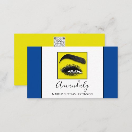 Makeup Artist Eyelash Logo QRCODE Yellow Blue Business Card