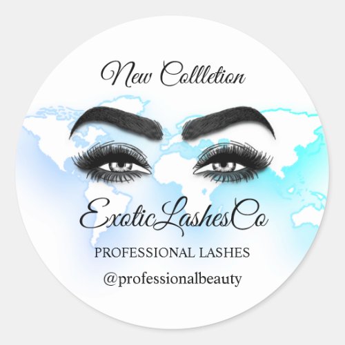 Makeup Artist Eyelash Logo World Aqua Map Classic  Classic Round Sticker