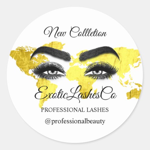 Makeup Artist Eyelash Logo World Gold Map  Classic Round Sticker