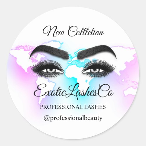 Makeup Artist Eyelash Logo World Map Ombre Classic Round Sticker
