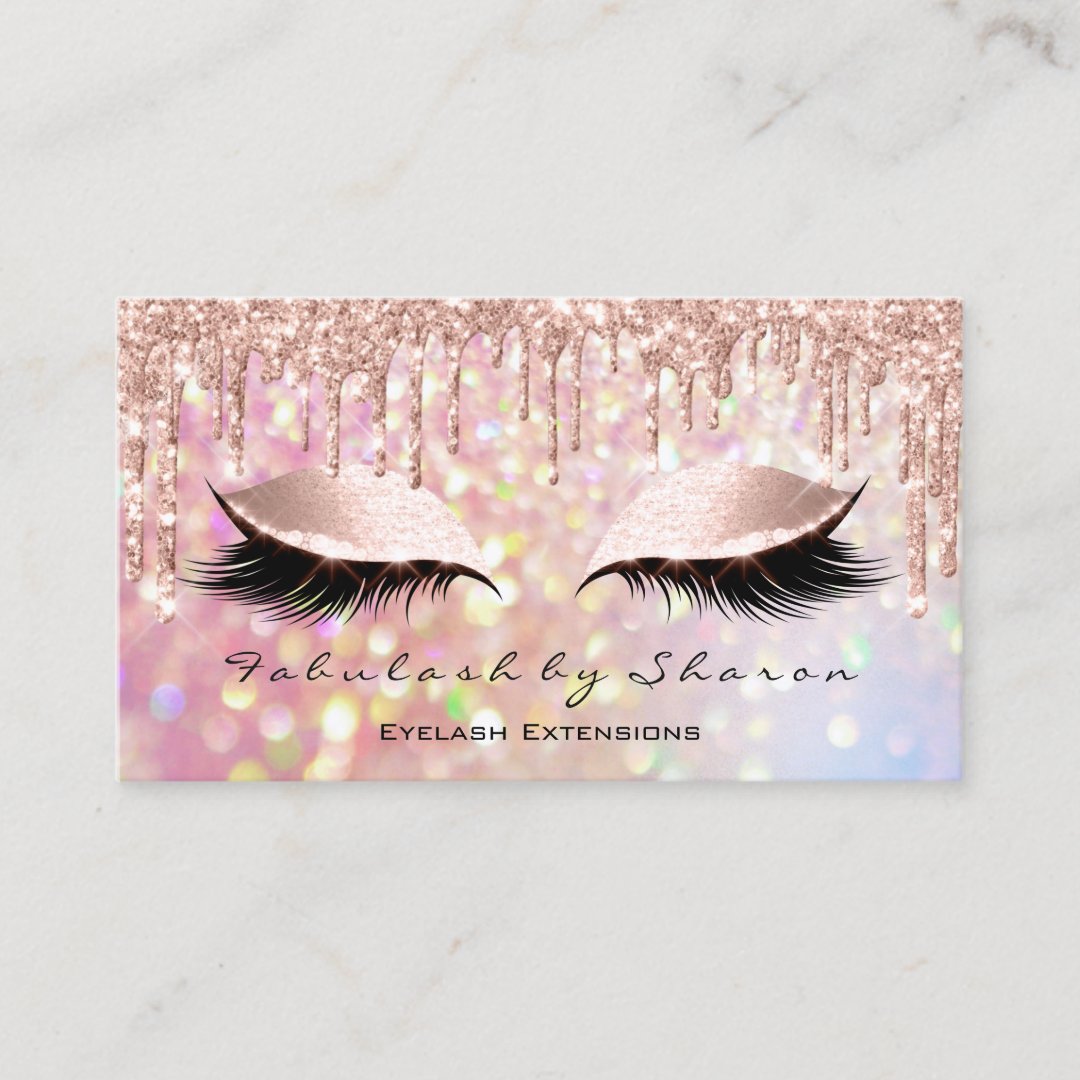 Makeup Artist Eyelash Pink Glitter Drips Rose Business Card | Zazzle