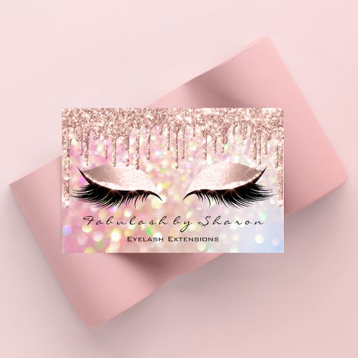 Customizable Makeup Artist Eyelash Pink Glitter Drips Rose Business Card