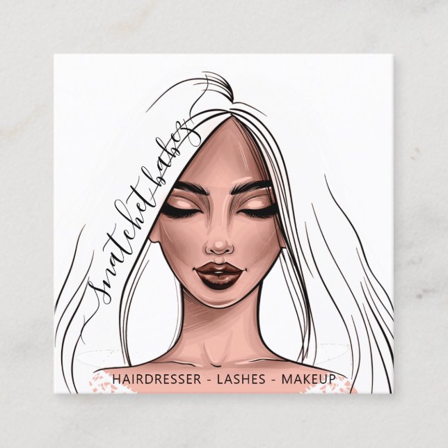 Makeup Artist Eyelashes Hair Brows Lips White Face Square Business Card (Front)