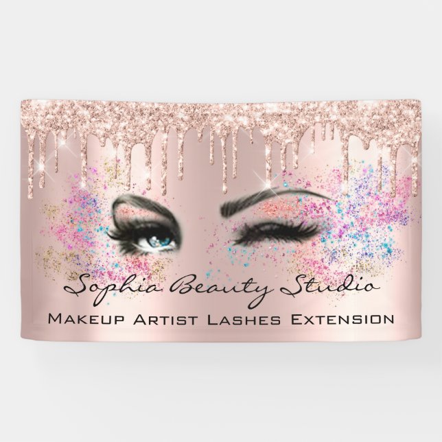 Makeup Artist Eyelashes Rose Drips Pink Glitter Banner (Horizontal)