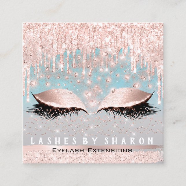 Makeup Artist Eyes Lashes Crystal Drips Rose Blue Square Business Card (Front)