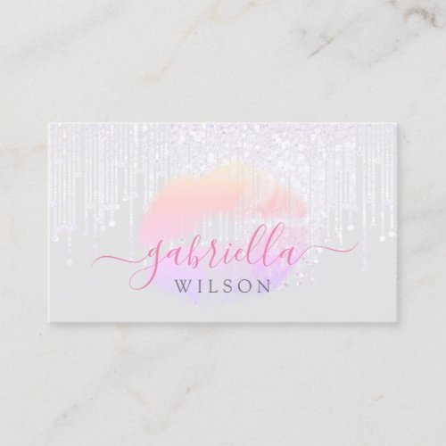 Makeup Artist Faux Dripping Glitter Pink Lips Gray Business Card