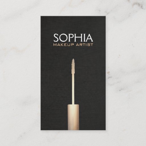 Customizable Makeup Artist Gold Mascara On Faux Black Linen 2 Business Card Templates