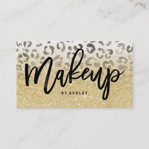 Makeup artist faux gold glitter leopard watercolor business card