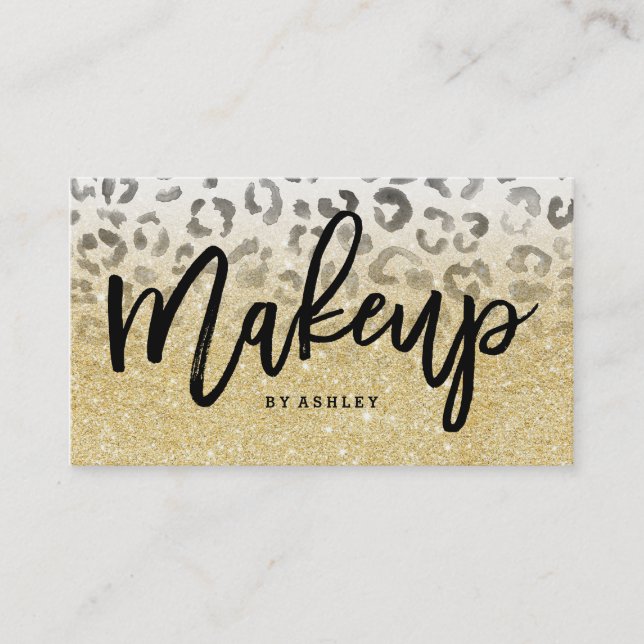 Makeup artist faux gold glitter leopard watercolor business card (Front)