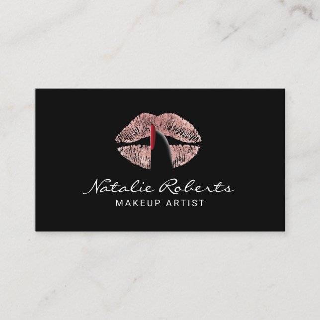 Makeup Artist Finger on Rose Gold Lips Salon Business Card (Front)