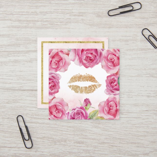 Makeup Artist Flower Frame Gold Lips Beauty Salon Square Business Card (Front/Back In Situ)