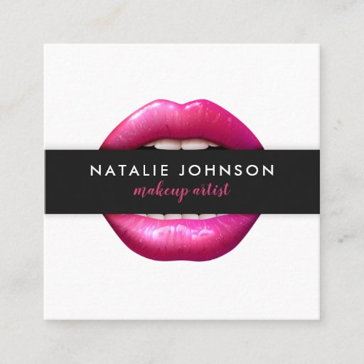Customizable Makeup artist fuchsia lips modern white beauty square business card