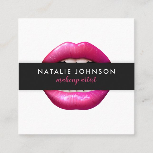 Makeup artist fuchsia lips modern white beauty square business card (Front)