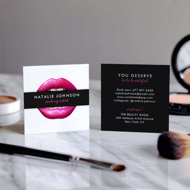 Makeup artist fuchsia lips modern white beauty square business card (Makeup artist fuchsia lips modern white beauty)
