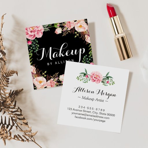 Customizable Makeup Artist Girly Romantic Floral Wrapping Square Business Card