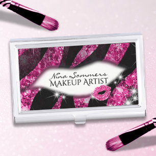 Makeup Artist Glam Pink Glitter Lips Zebra Print Business Card Holder