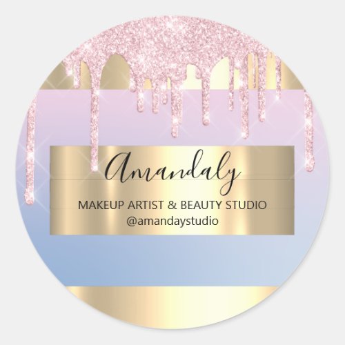Makeup Artist Glitter Drip Gold Frame Blue Pink Classic Round Sticker