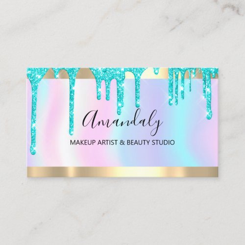 Makeup Artist Glitter Drips Blue Holographic Nails Business Card