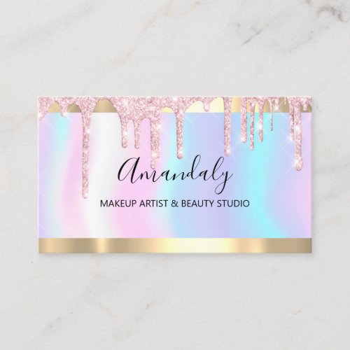 Makeup Artist Glitter Drips Pink Holographic Nails Business Card