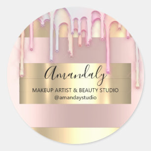 Makeup Artist Glitter Gold Frame Rose Pink Classic Round Sticker