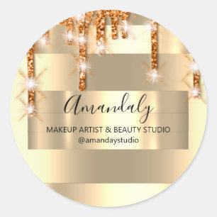 Makeup Artist Glitter Gold Framed Copper Drip Clas Classic Round Sticker