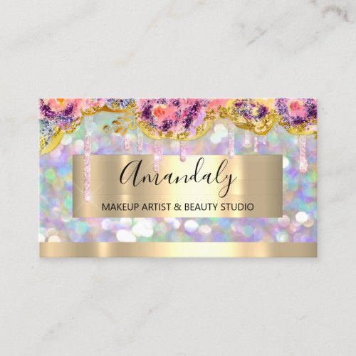 Makeup Artist Glitter Gold Framed Floral Glitter Business Card