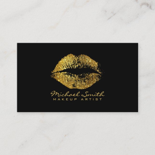 Makeup Artist Glitter Gold Lips Modern Black Business Card (Front)