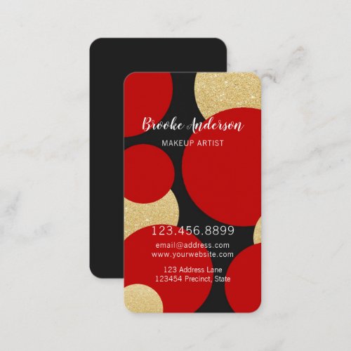 Makeup Artist _ Glitter Gold Red Circles on Black Business Card