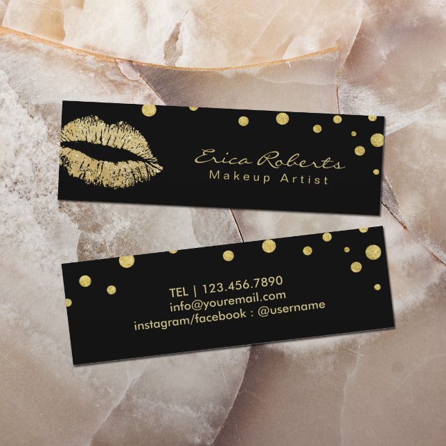 Makeup Artist Glitter Lips Modern Black & Gold Mini Business Card