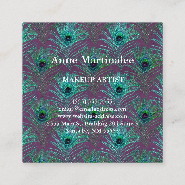 Makeup Artist Glitter Peacock Feather Square Business Card (Back)