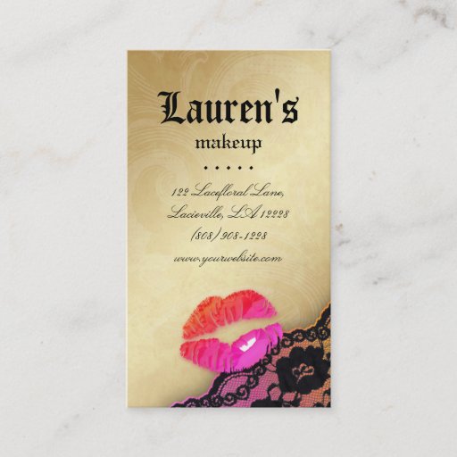 Customizable Makeup Artist Glossy Lips N Lace Pink Orange Gold Business Card