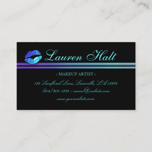 Makeup Artist Glossy Mini Lips N Lace Blue Business Card (Front)