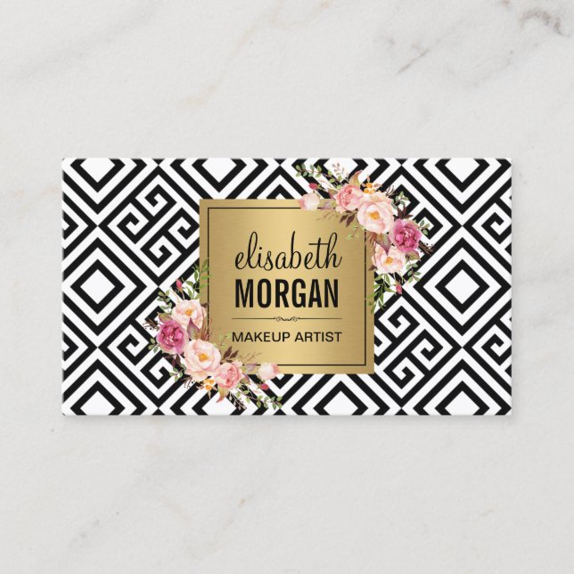 Makeup Artist Gold Abstract Pattern Floral Decor Business Card (Front)