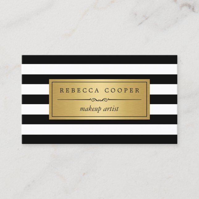 Makeup Artist - Gold Black White Stripes Business Card (Front)