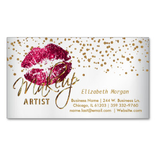Makeup Artist - Gold Confetti and Hot Pink Lips Business Card Magnet
