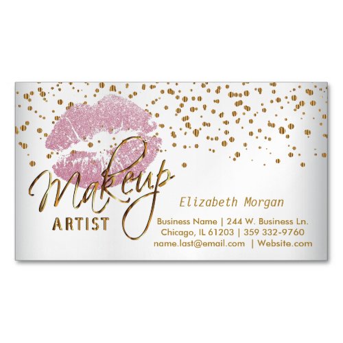 Makeup Artist _ Gold Confetti and  Pink Lips Business Card Magnet