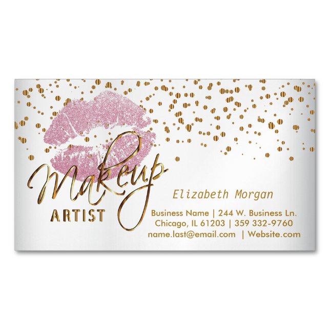 Makeup Artist - Gold Confetti and  Pink Lips Business Card Magnet (Front)