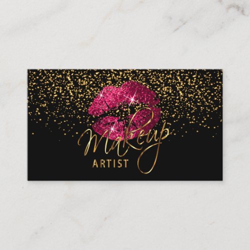 Makeup Artist _ Gold Confetti  Hot Pink  Lips Business Card