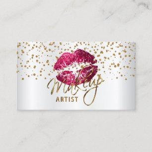 Makeup Artist Gold Confetti & Hot Pink Lips Satin Business Card