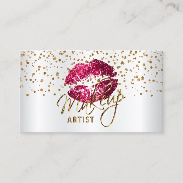 Makeup Artist Gold Confetti & Hot Pink Lips  Satin Business Card (Front)