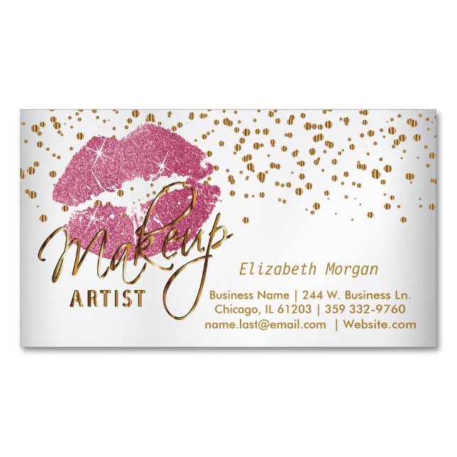 Makeup Artist - Gold Confetti & Pretty Pink Lips Business Card Magnet (Front)