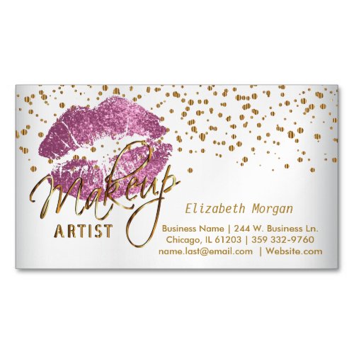 Makeup Artist - Gold Confetti & So Pink Lips Business Card Magnet