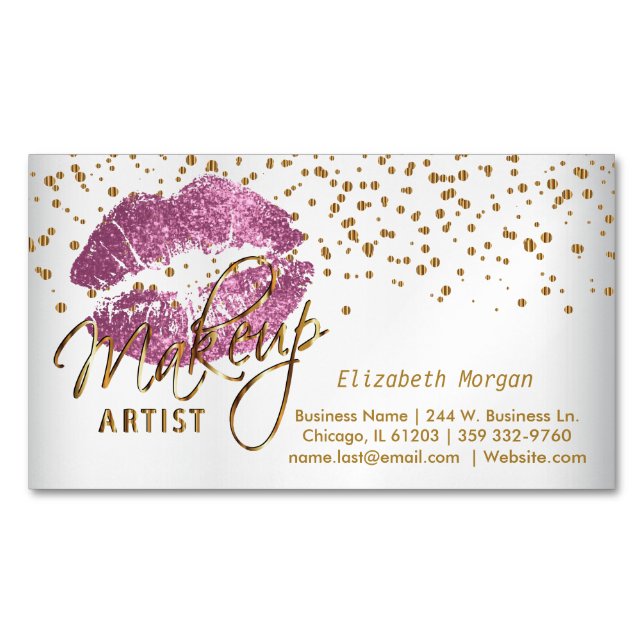 Makeup Artist - Gold Confetti & So Pink Lips Business Card Magnet (Front)