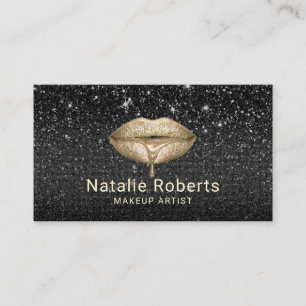 Makeup Artist Gold Drips Lips Modern Black Glitter Business Card